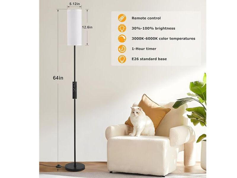 64" Modern Floor Lamp &ndash; Remote-Controlled, 3-Color Dimmable, 9W LED Bulb