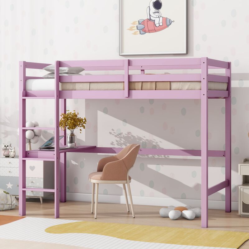 Whisen Twin High Loft Bed, Rubber Wood Loft Bed with Ladder, Safety Guardrail and built-in desk - Gray