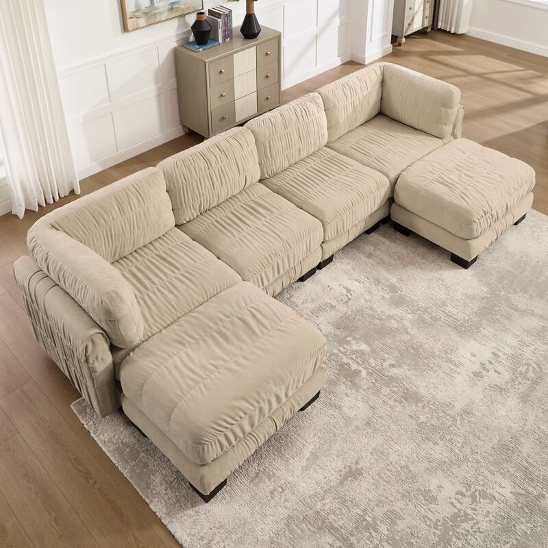 4 seat modular sectional sofa, Chenille L shaped sectional couch with ruched detailing, Modular sectional with 2 movable ottomans image number 3