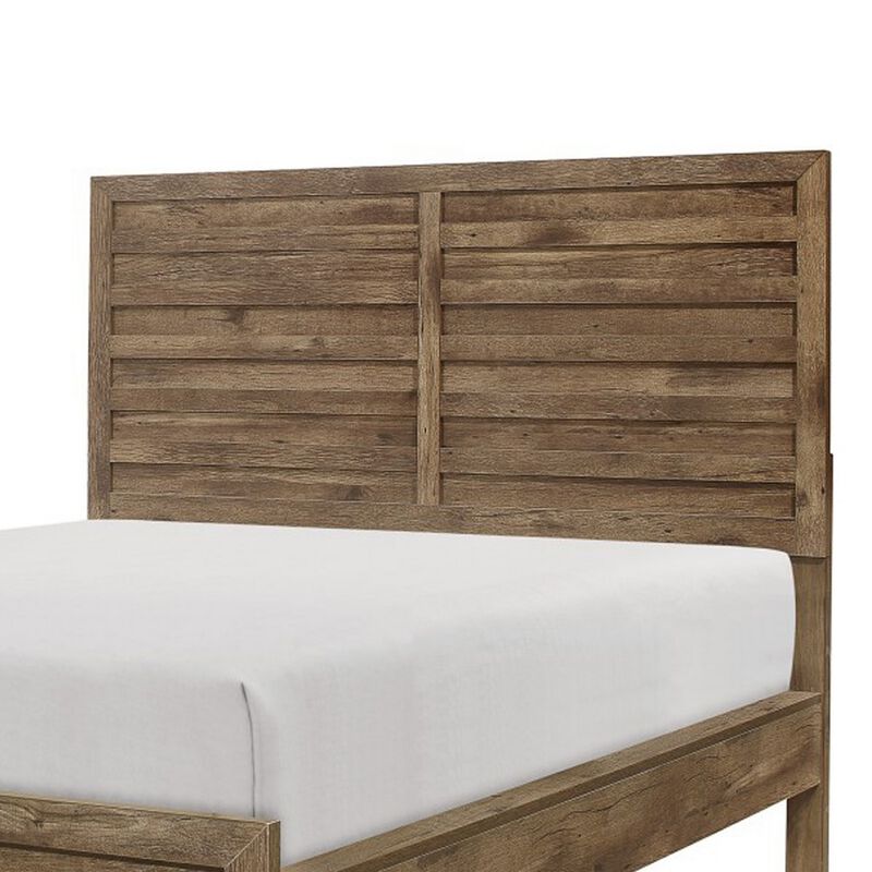 Zane Transitional Queen Bed, Wood Plank Design, Weathered Pine Veneer-Benzara