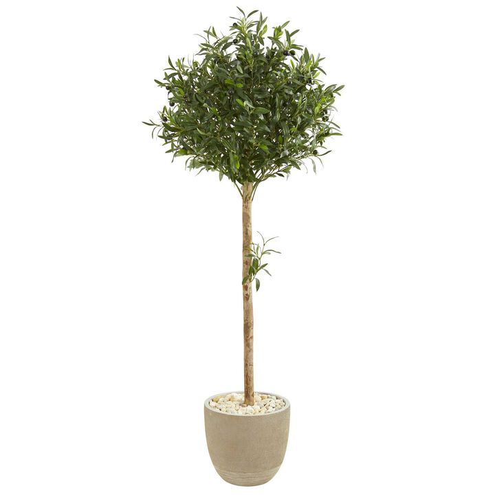 Nearly Natural 5-ft Olive Topiary Artificial Tree in Sand Stone Planter