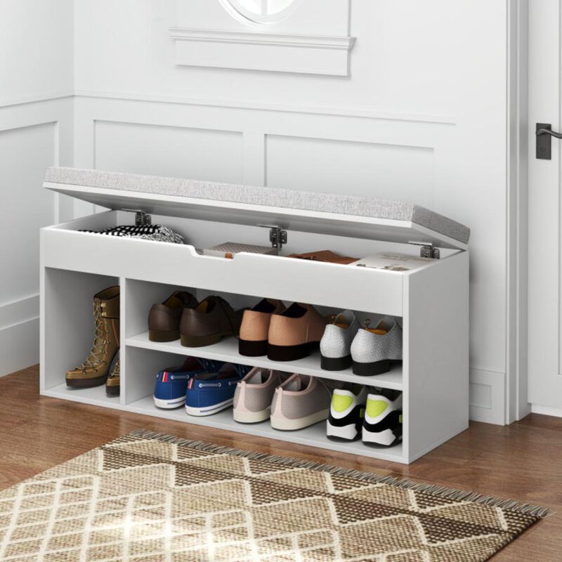 Hivvago Padded Seat Shoe Bench with Hidden Storage and 3 Open Shelves