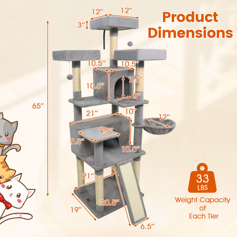 Tall Cat Tree with 3 Upholstered Perches and 2 Spacious Cat Condos image number 2