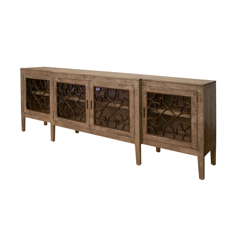 Medo 107 Inch Sideboard Console, Brown Pine Wood, 4 Doors, Metal Handles
