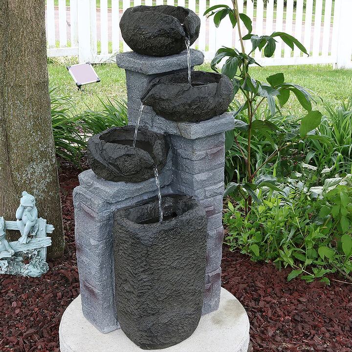 Sunnydaze Cascading Stone Bowl Solar Water Fountain with LED Lights - 27 in