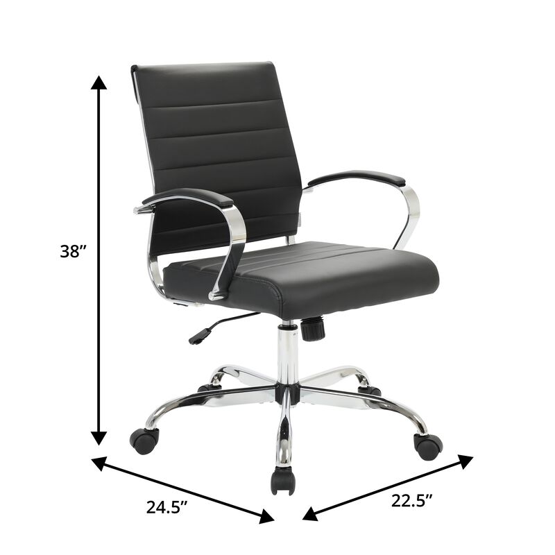 LeisureMod Benmar Mid-Back Office Chair, Leather Upholstery with Swivel, Tilt, and Chrome Base, Modern Desk Seating for Home Office or Conference Room