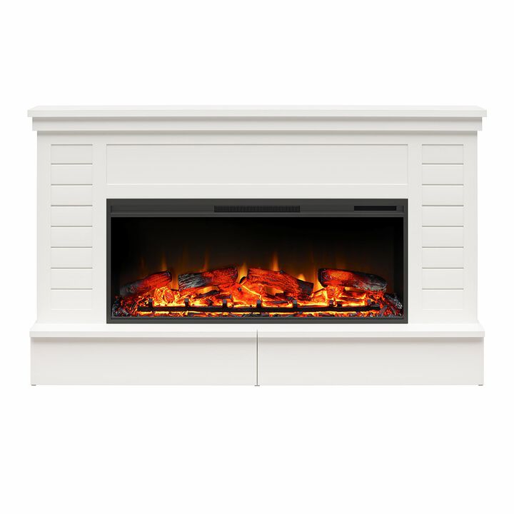 Ameriwood Home Hathaway Wide Shiplap Mantel with Linear Electric Fireplace and Storage Drawers