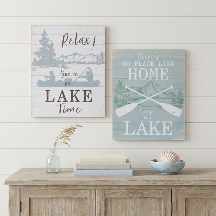 HomeRoots Set of Two White Black And Blue Trees, Lake Lake Wood Framed Art