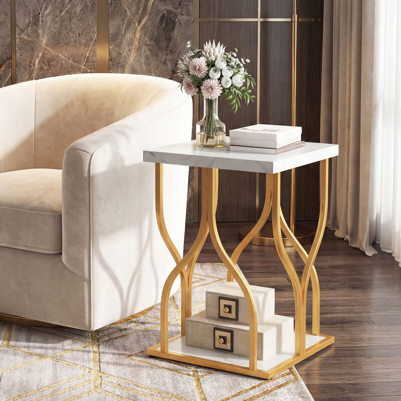 Faux Marble Bedside Night Stand with Petal-Inspired Metal Frame image number 2