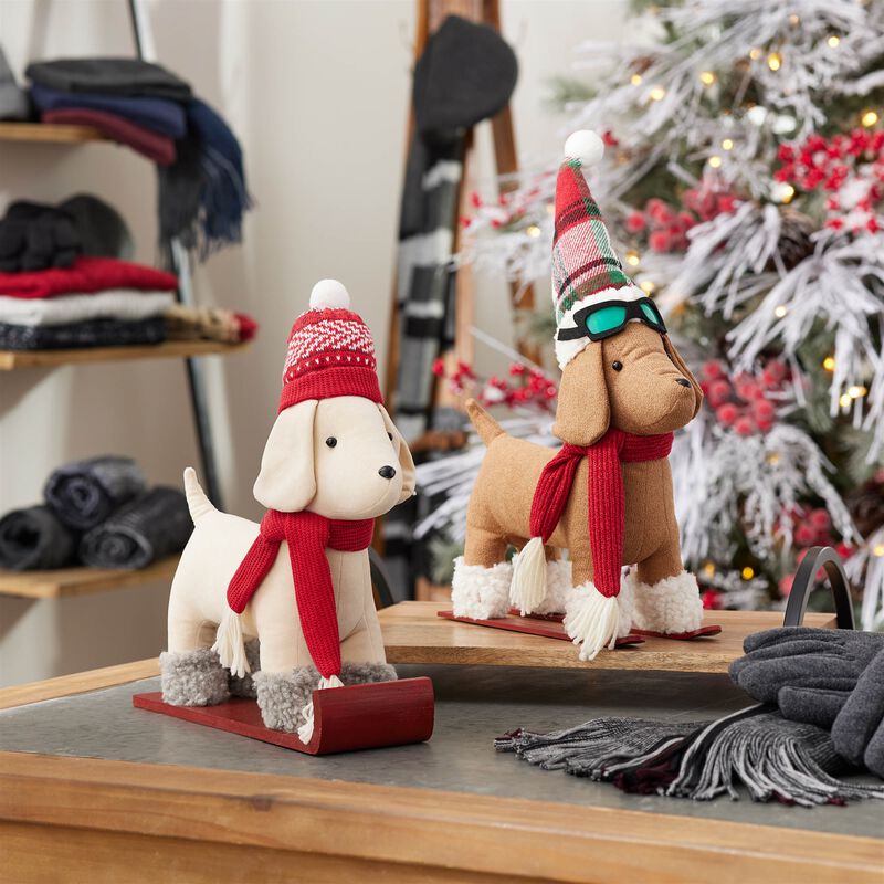 Set of 2 Plush Dog Winter Figurines – Holiday Dogs on Sled & Skis for Whimsical Christmas Shelf or Mantel Decorations