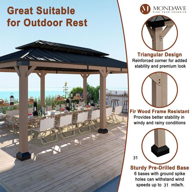 Mondawe 12 ft. x 20 ft. Outdoor Cedar Wood Frame Hardtop Gazebo Double Galvanized Steel Roof