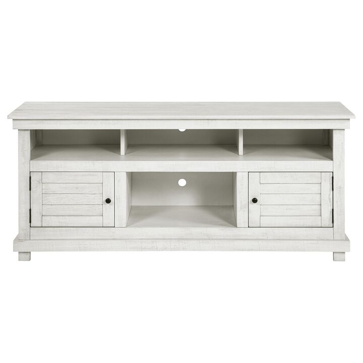Ayne TV Stand Media Cabinet, 2 Doors and 4 Shelves, White Wood 60 Inch - Benzara