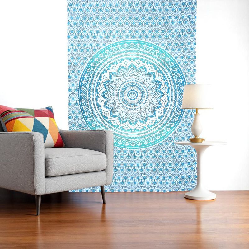 HomeRoots 80" X 56" Blue And White Mandala Cotton Hanging Tapestry image number 1