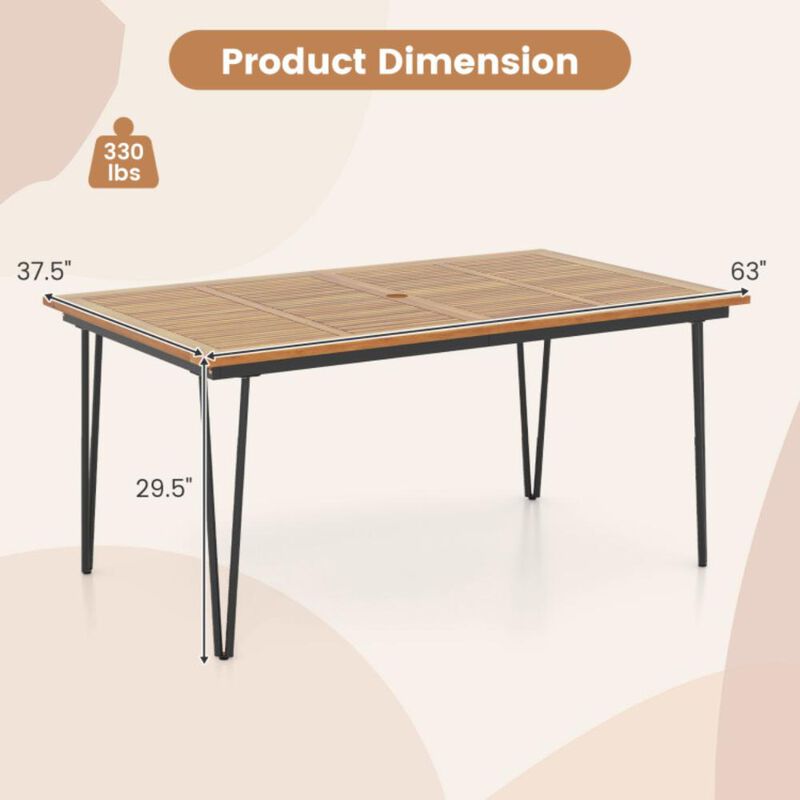 Hivvago 63/86.5 Inch Rectangular Outdoor Dining Table with Acacia Wood Tabletop and Umbrella Hole
