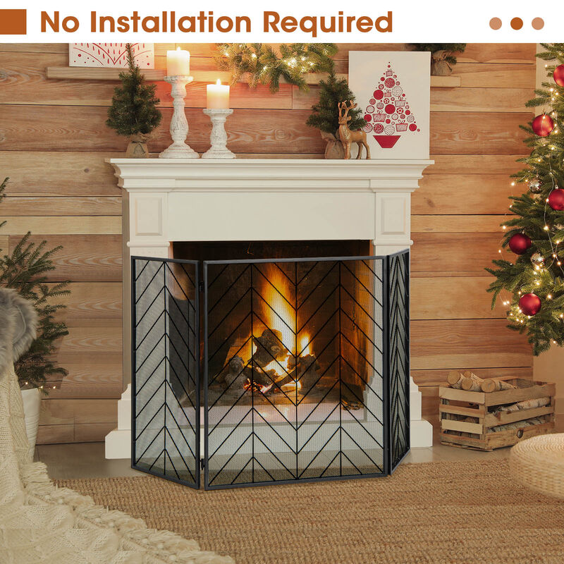3-Panel Metal Foldable Fireplace Screen with Metal Mesh