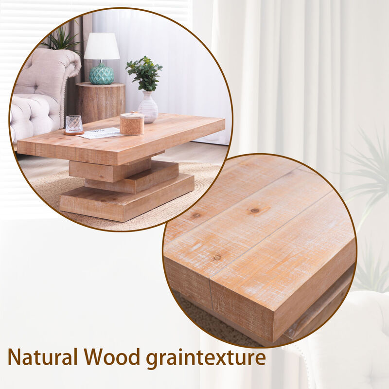 GOODSILO Modern Rustic Rectangular Wood Coffee Table with Sculptural Block Base Design image number 9