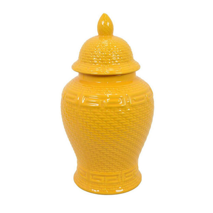 Bryan 18 Inch Ceramic Temple Jar, Geometric Print, Finial Top, Yellow - Benzara