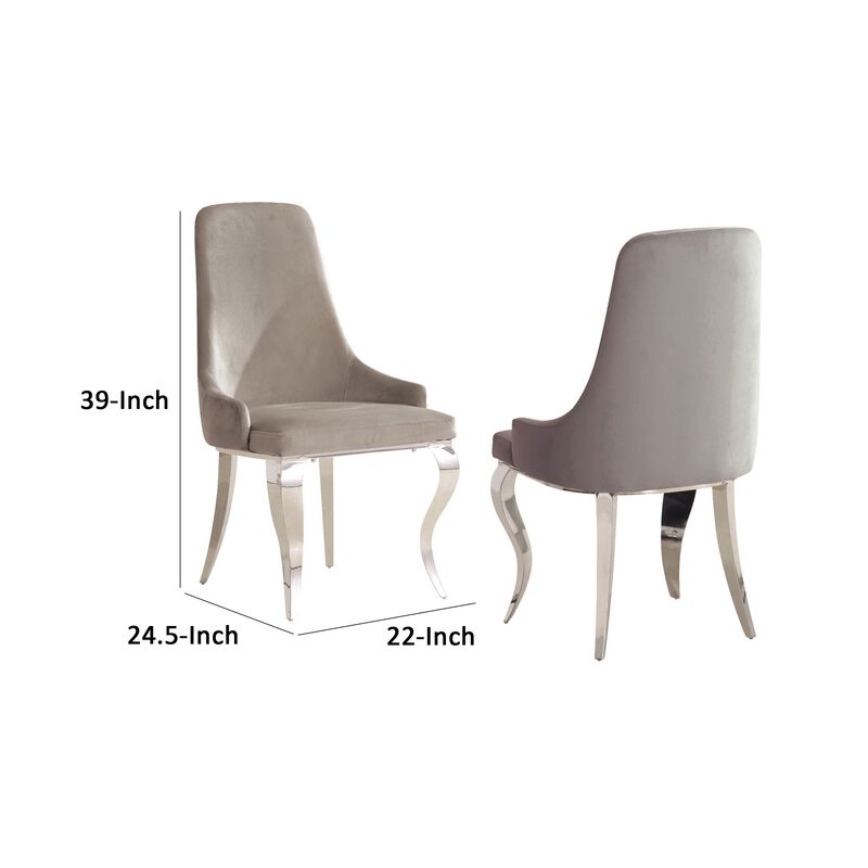 22 Inch Set of 2 Dining Chairs, Gray Velvet Upholstery, Sabre Steel Legs - Benzara