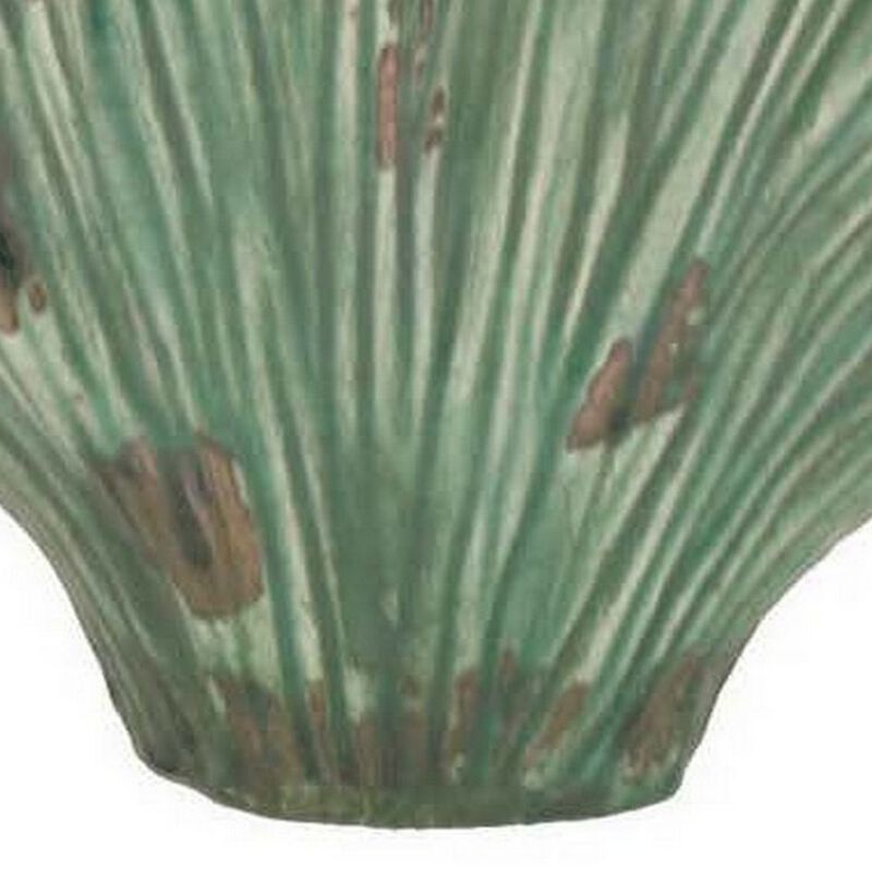 18 Inch Accent Vase, Intricate Kelp Design, Green Ceramic, Brown Accents - Benzara