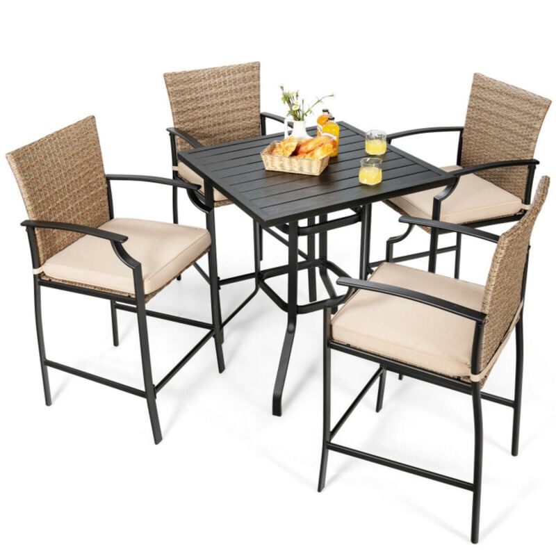 Hivvago 5 Pieces Outdoor Rattan Bistro Bar Stool Table Set with Cushions