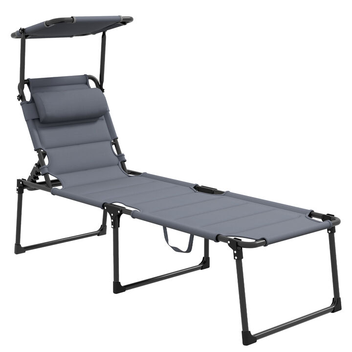 Outsunny Outdoor Lounge Chair, 4 Position Adjustable Backrest Folding Chaise Lounge, Cushioned Tanning Chair with Sun Shade Roof & Pillow Headrest for Beach, Camping, Hiking, Backyard, Gray
