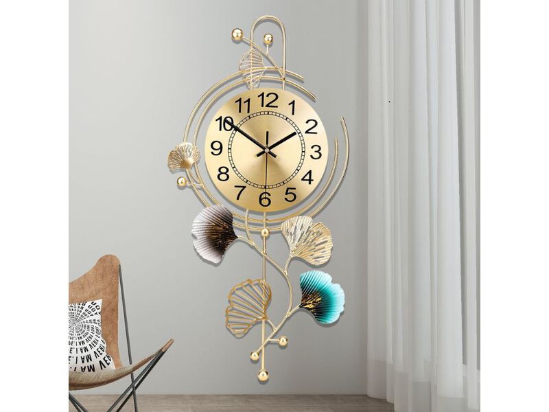 25" x 12" Elegant Metal Wall Clock - Silent Round Dial with Gold & Blue Leaves for Living Room & Office image number 1