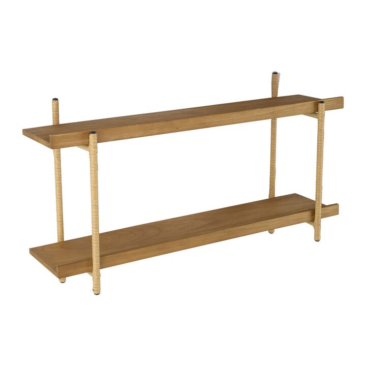 36 Inch Modern Wood Two Tier Shelf, Rattan Braiding, Brown, Gold-Benzara