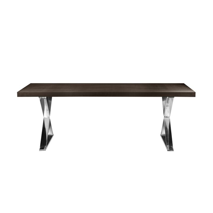 Rix 87 Inch Dining Table, Espresso Brown Wood Top, X Chrome Steel Legs