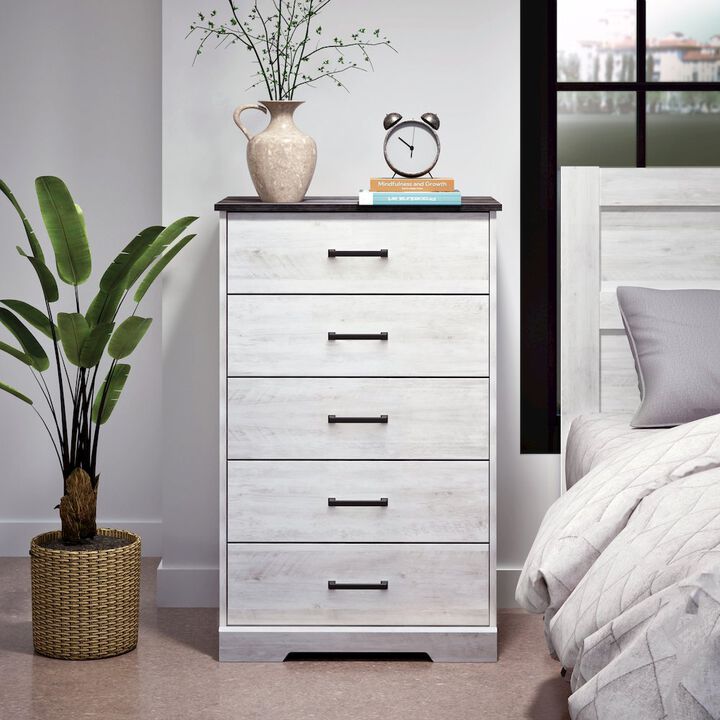 Prepac Rustic Ridge Washed White 5 Drawer 18.5D x 27.5W x 43.5H Dresser