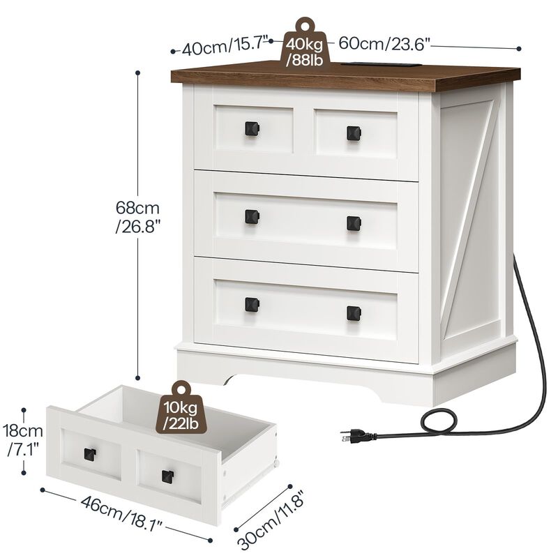 Farmhouse Side Table Nightstand with 3 Drawers and Charging Station image number 2