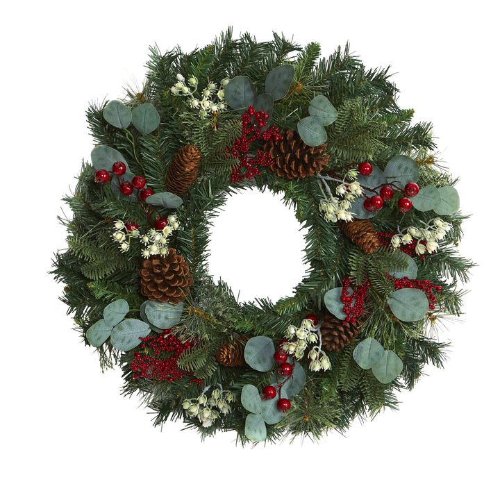 Nearly Natural 24-in Eucalyptus and Pine Artificial Wreath with Berries and Pine Cones