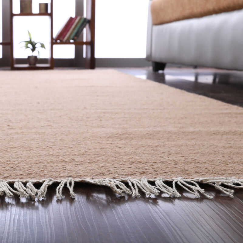 RUGSOTIC CARPETS HAND WOVEN FLAT WEAVE KILIM WOOL ECO-FRIENDLY AREA RUGS  - 5'x8', Rectangle Shape, Light Brown Color, Solid Plain Design, Low Pile Handmade Rugs for Living Room (D00111)