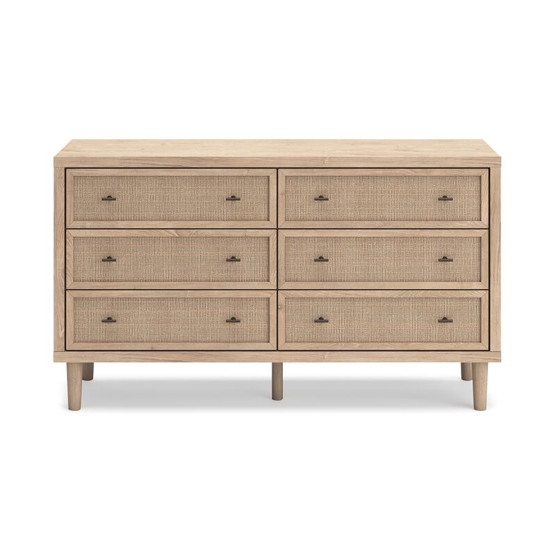 Ciel Wide Dresser, 6 Drawers with Metal Knob Handles, Brown and Bronze - Benzara