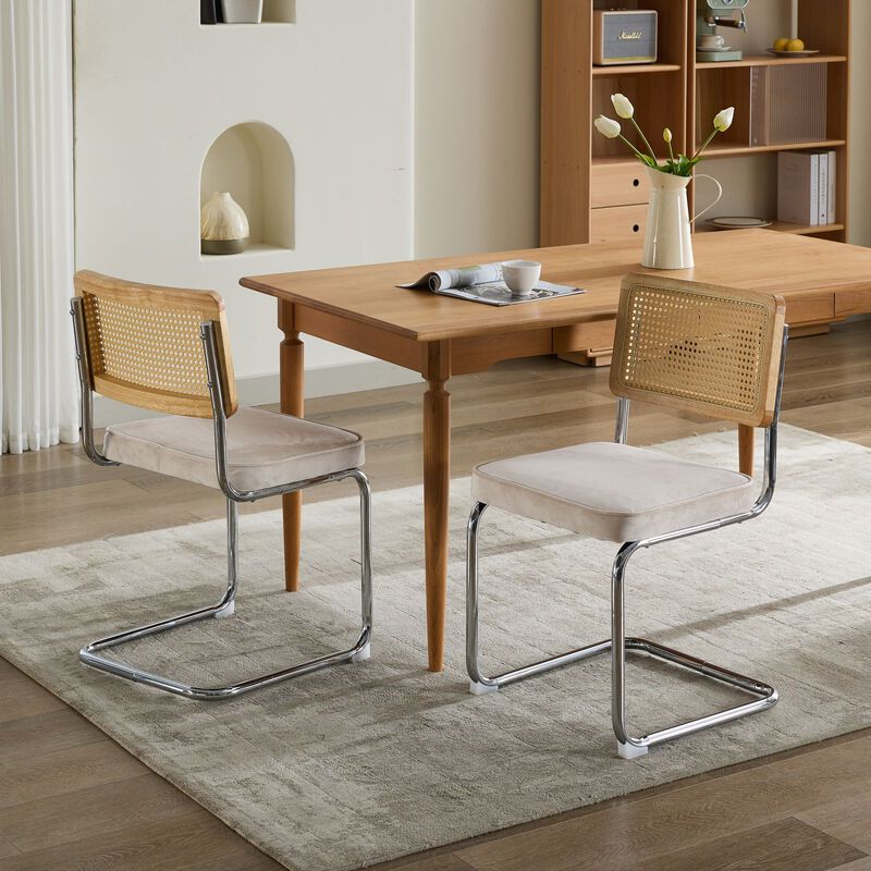 Whisen 2-Piece Mid Century Dining Chairs, Velvet Upholstered with Cane Back & Chrome Base, Cantilever Design for Kitchen image number 5