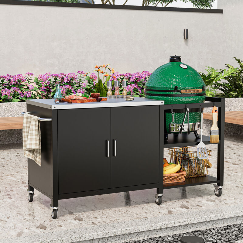 FUFU&GAGA All-Black & Silver BBQ Utility Cart with Stainless Steel Top, Adjustable Shelf & 6 Swivel Casters, Compact Design for Outdoor Grilling (60.8 in. W x 23.7 in. D x 34.3 in. H)