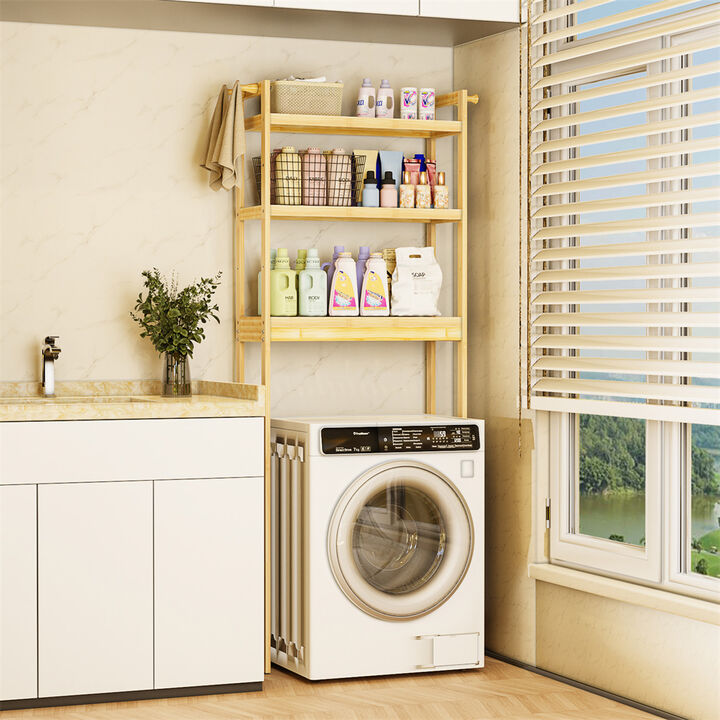 Over Washing Machine Space Saving Bamboo Storage Rack 3 Shelves Laundry Utility