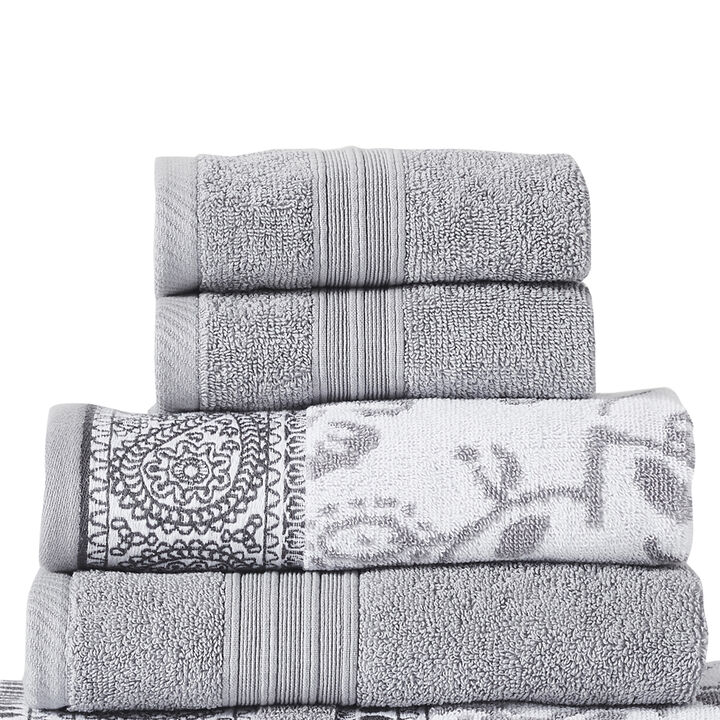 Veria 6 Piece Towel Set with Paisley and Floral Motif Pattern The Urban Port, Gray - Benzara
