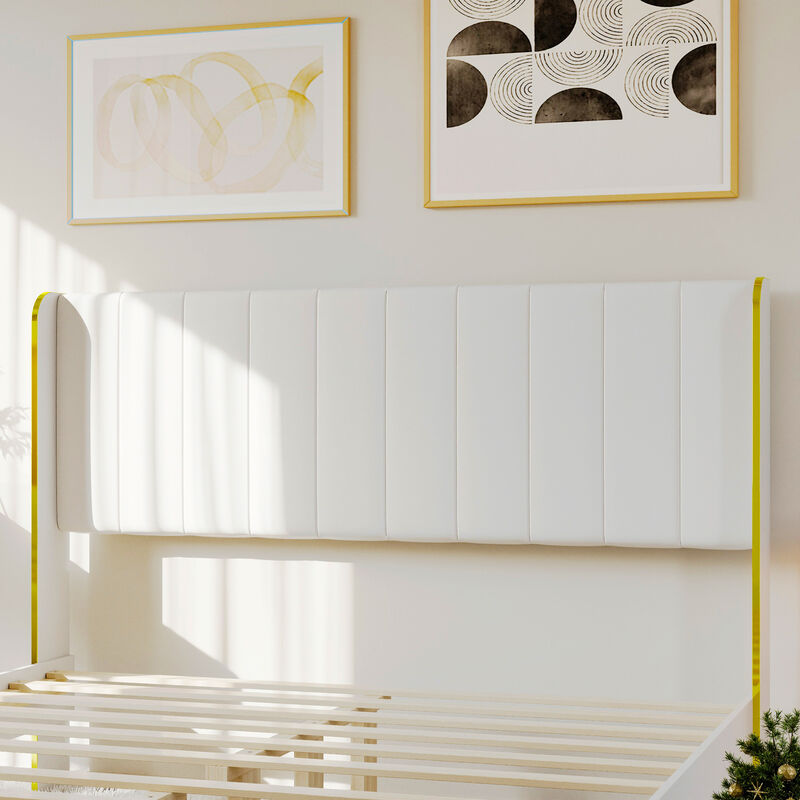 FUFU&GAGA Modern White and Gold Bed Frame with PU Leather Headboard, P2 MDF Construction, and Sturdy Golden Feet (81.1" L x 63" W x 44" H),White and Gold