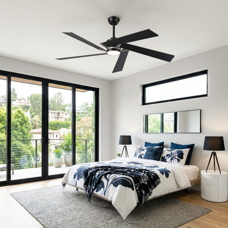 60" Modern Industrial Matte Black Reversible Dimmable 5 Aero Blades Ceiling Fan with Light and Remote image number 2