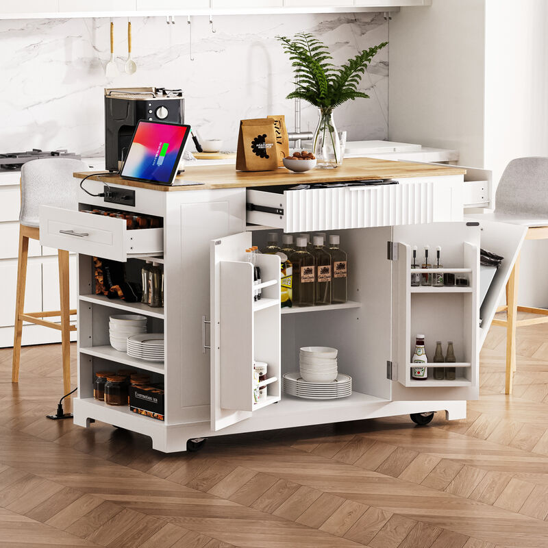 ELEMENT ACE Fluted Kitchen Island with Trash Can Storage Cabinet, Power Outlet, Adjustable Shelves and Mobile Design image number 5