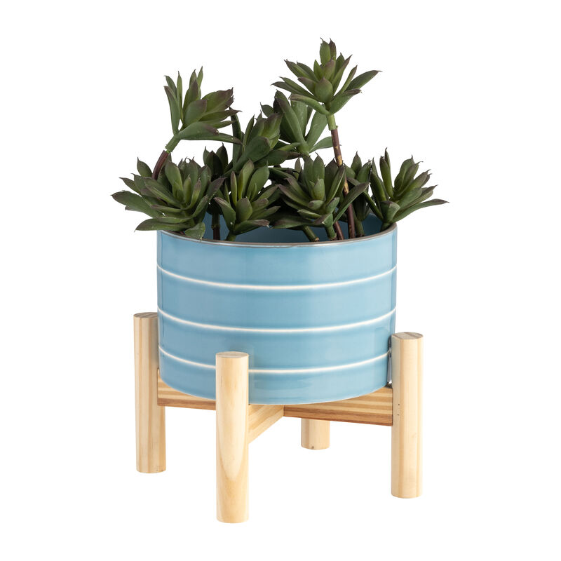 Striped Planter W/ Wood Stand image number 3