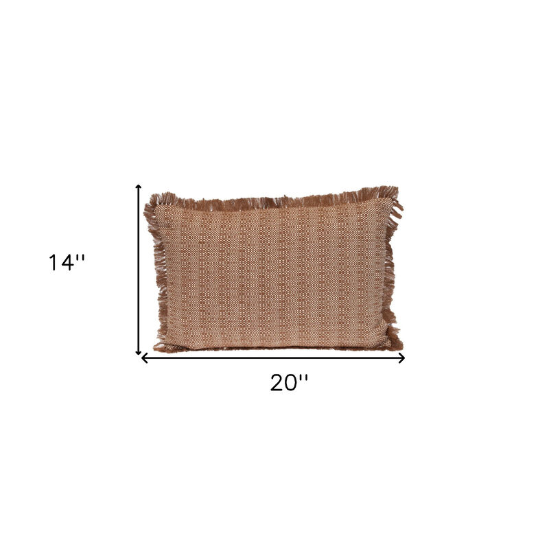 HomeRoots 14" X 20" Brown and White Cotton Lumbar Throw Pillow with Fringe image number 4