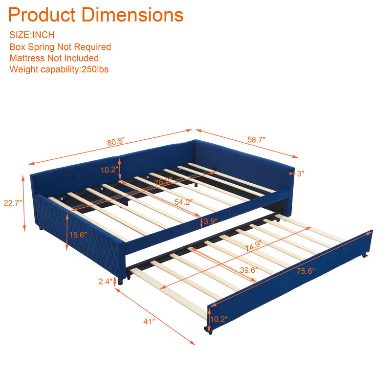 Merax Upholstered Daybed with Trundle,sturdy wooden bed frame, modern diamond grid design image number 2