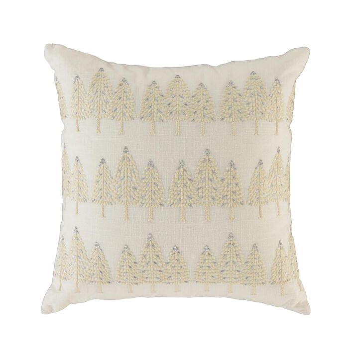 HomeRoots 18" Ivory And Silver Cotton Christmas Trees Throw Pillow With Embroidery