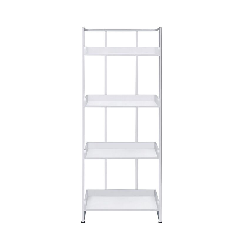68 Inch Modern Bookcase, 4 Glossy White Tray Shelves, Chrome Steel Frame-Benzara image number 1