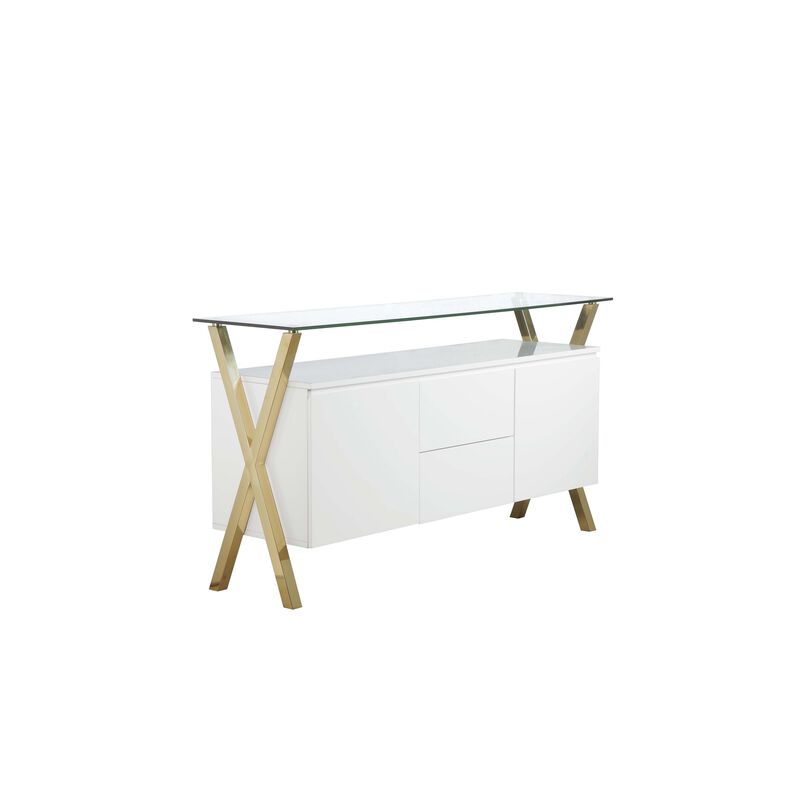 Tia Sideboard Buffet Console, 63 Inch Glass Top, White Lacquer, Gold - Benzara