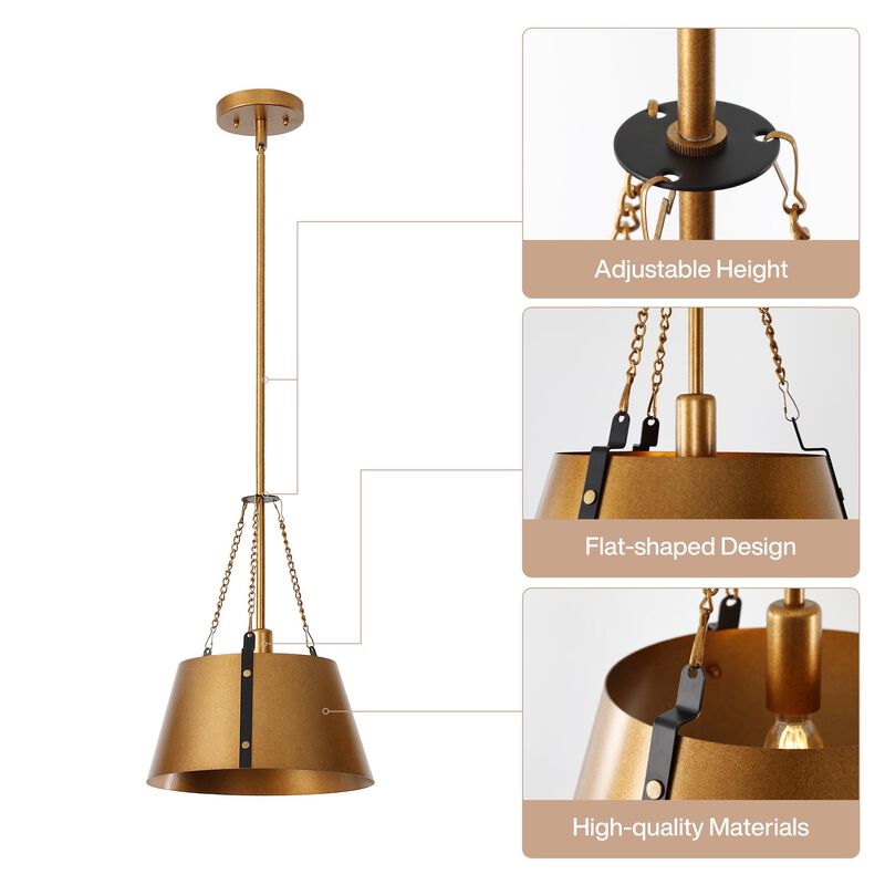 Gold Drum Pendant Light, Industrial Metal Shade, Adjustable Height image number 6