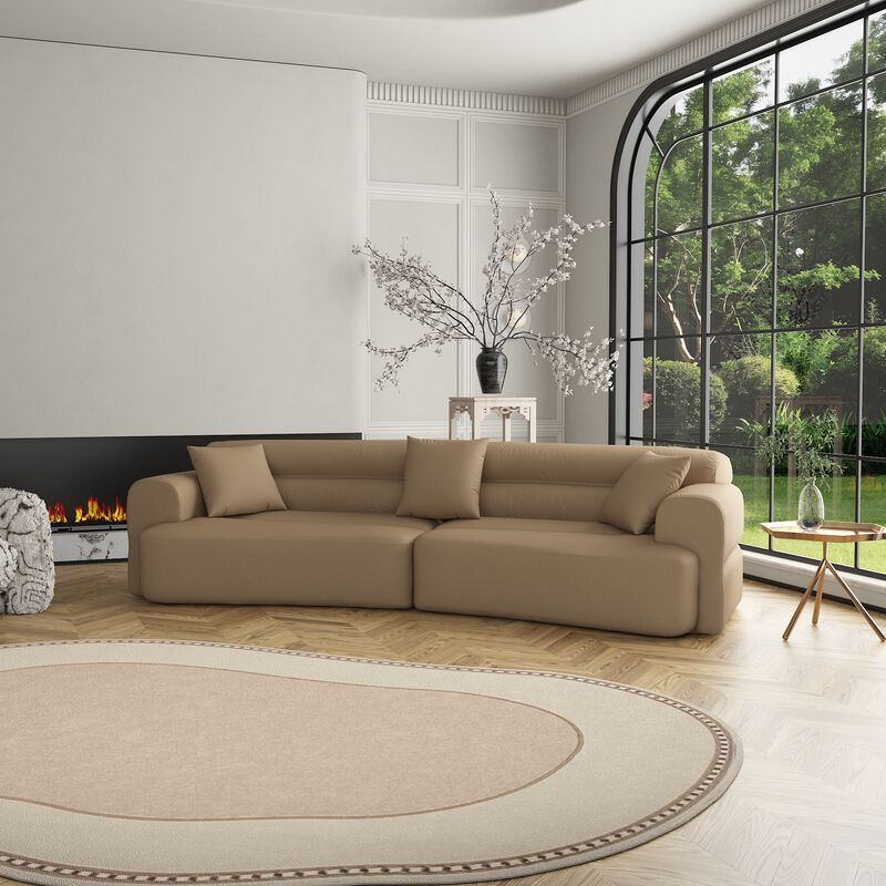 FUFU&GAGA Large Curved Sofa with 3 Throw Pillows & Armrests, Padded Upholstered Cushions, (110 in. W x 43.3 in. D x 31.5 in. H, Seat Depth 25.9 in.), Chocolate Brown