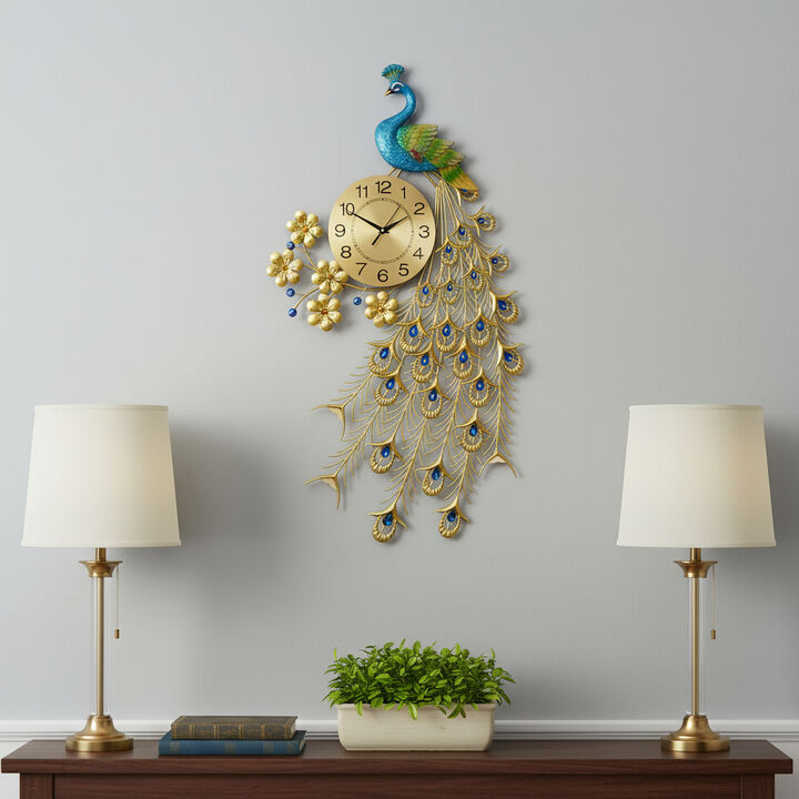 HomeRoots 21" Blue Green And Gold Metal Silent Analog Peacock Novelty Wall Clock