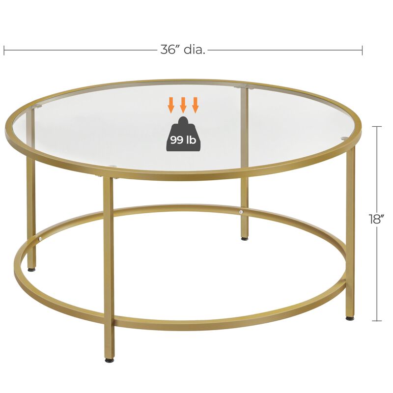 Yaheetech Gold Glass Coffee Table for Living Room, 36"" Round Glass Coffee Table with Metal Frame, Circle Coffee Table for Home,